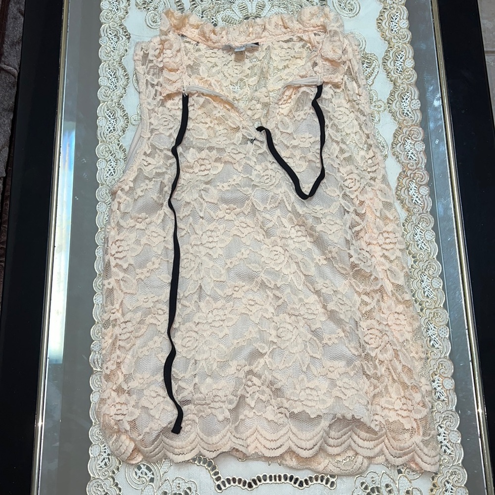 Guess cream lace tie neck sleeveless blouse